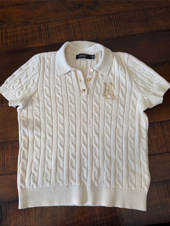 Ralph Lauren Sweaters - Ralph Lauren Cream Cable Knit Polo with Gold RL Embroidery
